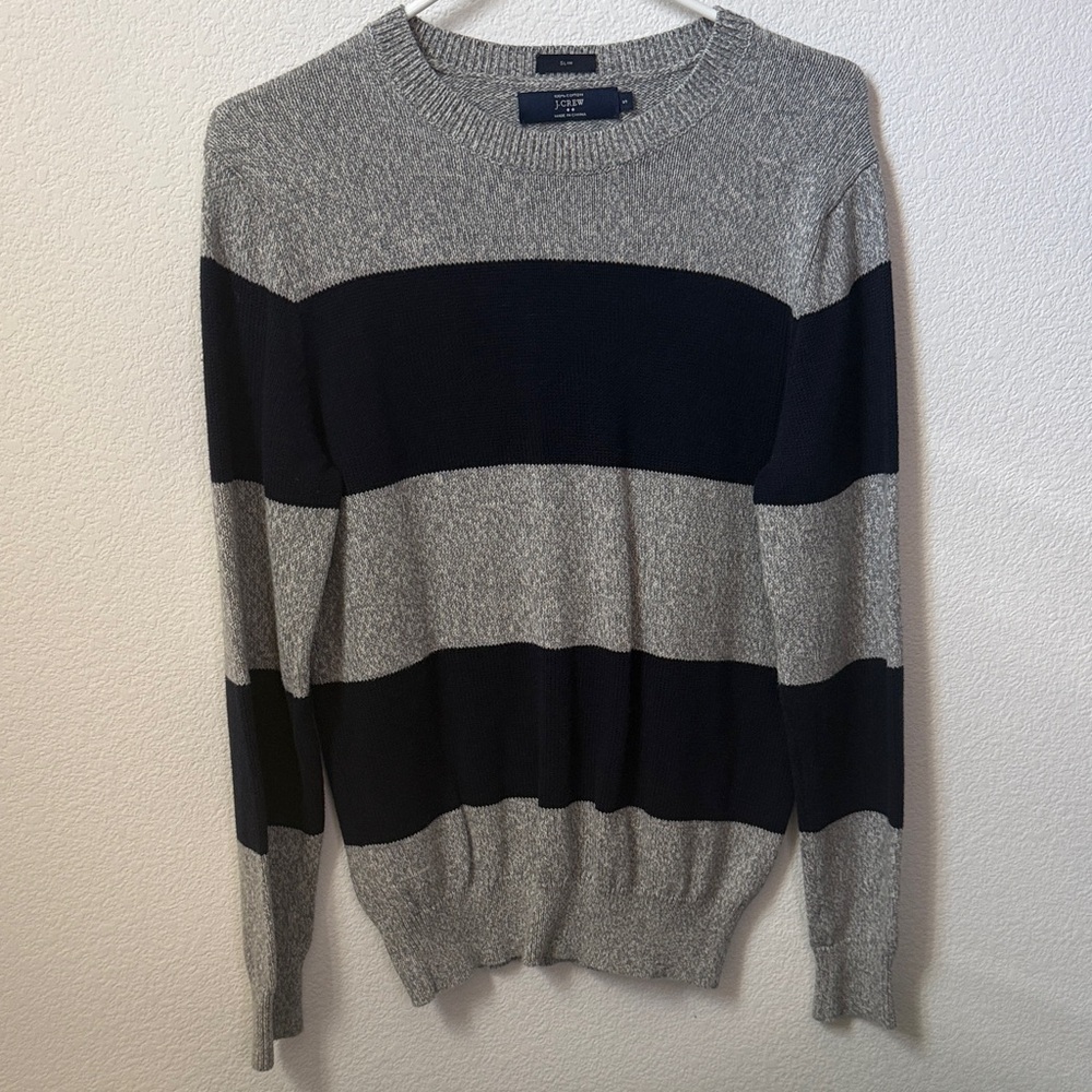 J. Crew Gray and Black Striped Crewneck Sweater